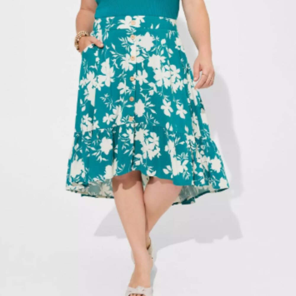 TORRID Midi Skirt Teal Floral, Lenny Tiered Hi Low, Size M (10)